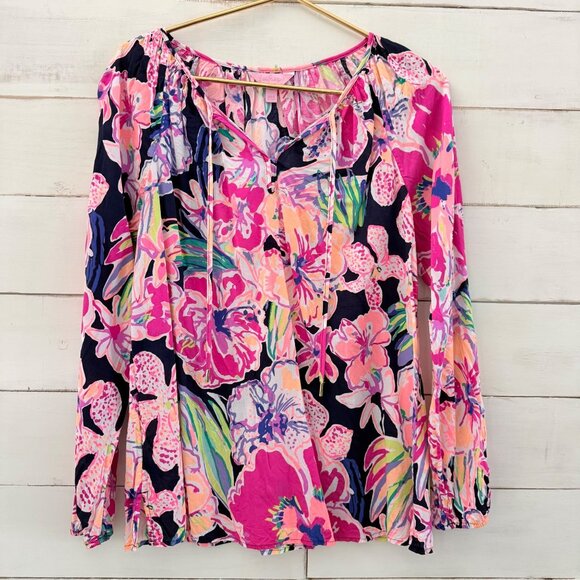 Medium Lilly Pulitzer Willa Bright Navy Tipping Point Floral Peasant Top - Picture 2 of 8